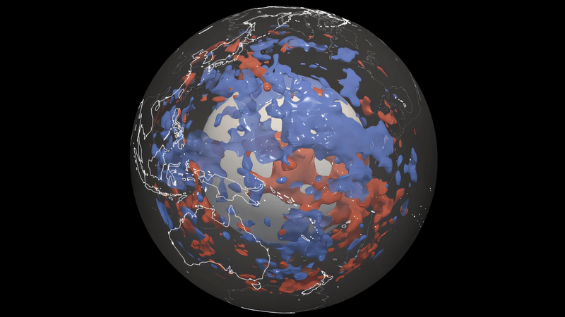 A transparent version of our planet with an opaque core, showing blobs stretched and distributed around its interior