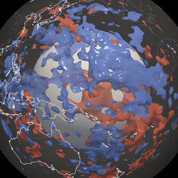 A transparent version of our planet with an opaque core, showing blobs stretched and distributed around its interior