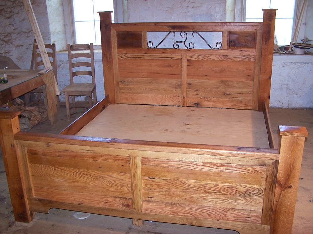 Reclaimed Wood And Hand Forged Wrought Iron Accents Craftsman Style Platform Storage Bed