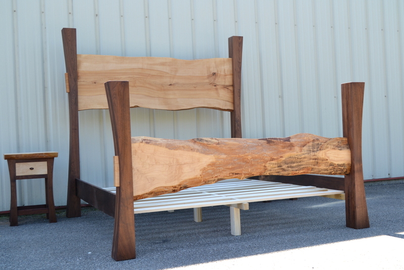 Live Edge Maple King Size Bed With Walnut Posts And Matching Night Stands