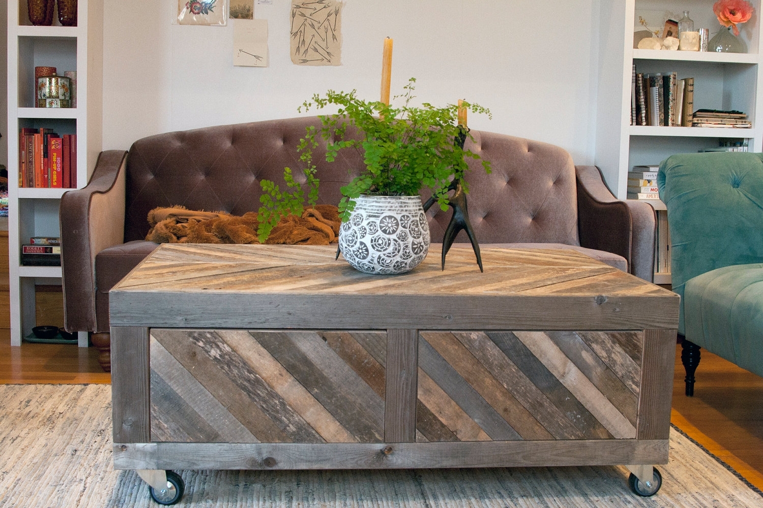 Rustic Reclaimed & Sustainably Harvested Wood Coffee Table With Chevron Pattern