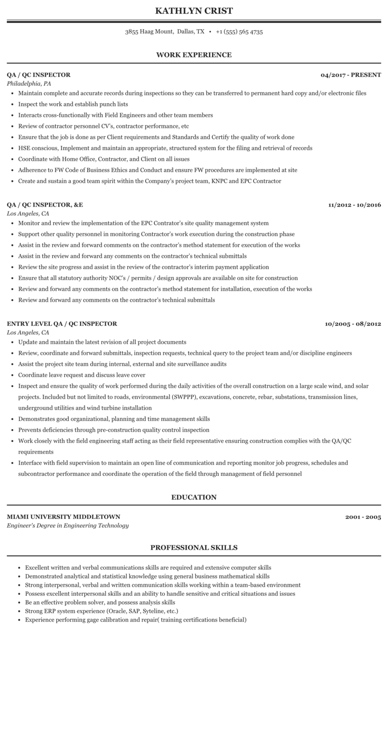 Qc Inspector Resume - Riset