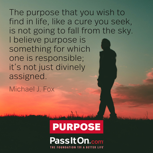 The purpose that you wish to find in life, like a cure you seek, is not going to fall from the sky. ...I believe purpose is something for which one is responsible; it's not just divinely assigned. #<Author:0x00007fc47816d1b0>