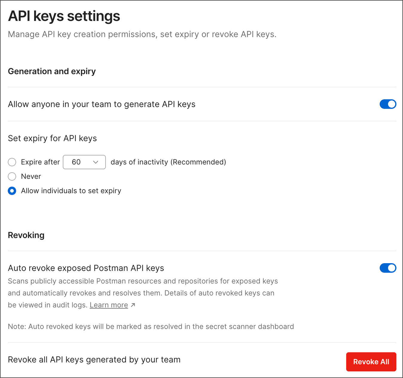 API keys settings