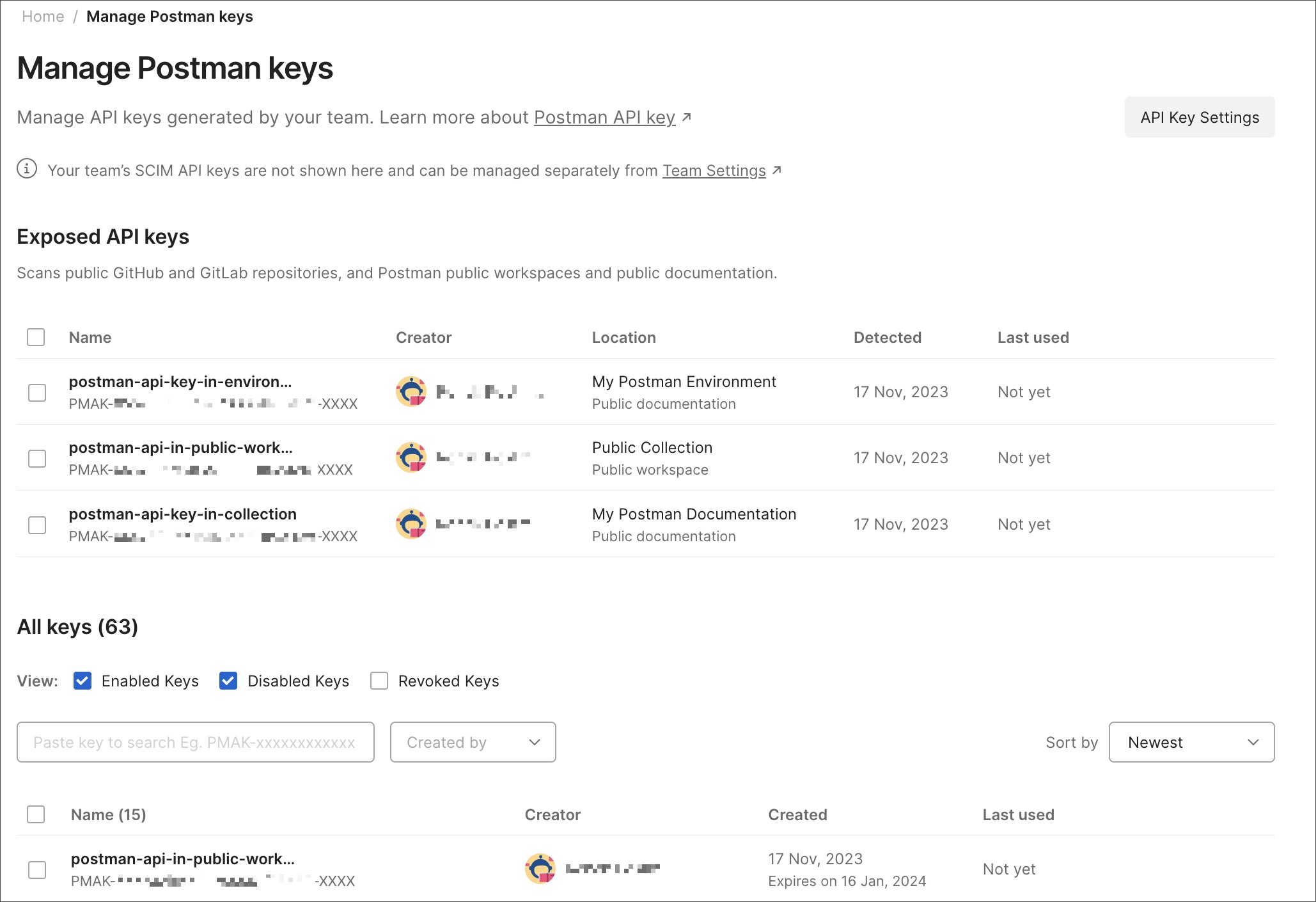 Manage Postman keys dashboard