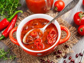 Soup with red bean and chili pepper. Mexican cuisine online puzzle