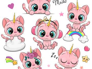 Cute Cartoon Pink Kittens Unicorns jigsaw puzzle online