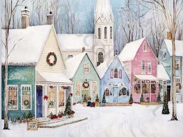 A Quaint Village Scene with Multicolored Homes online puzzle