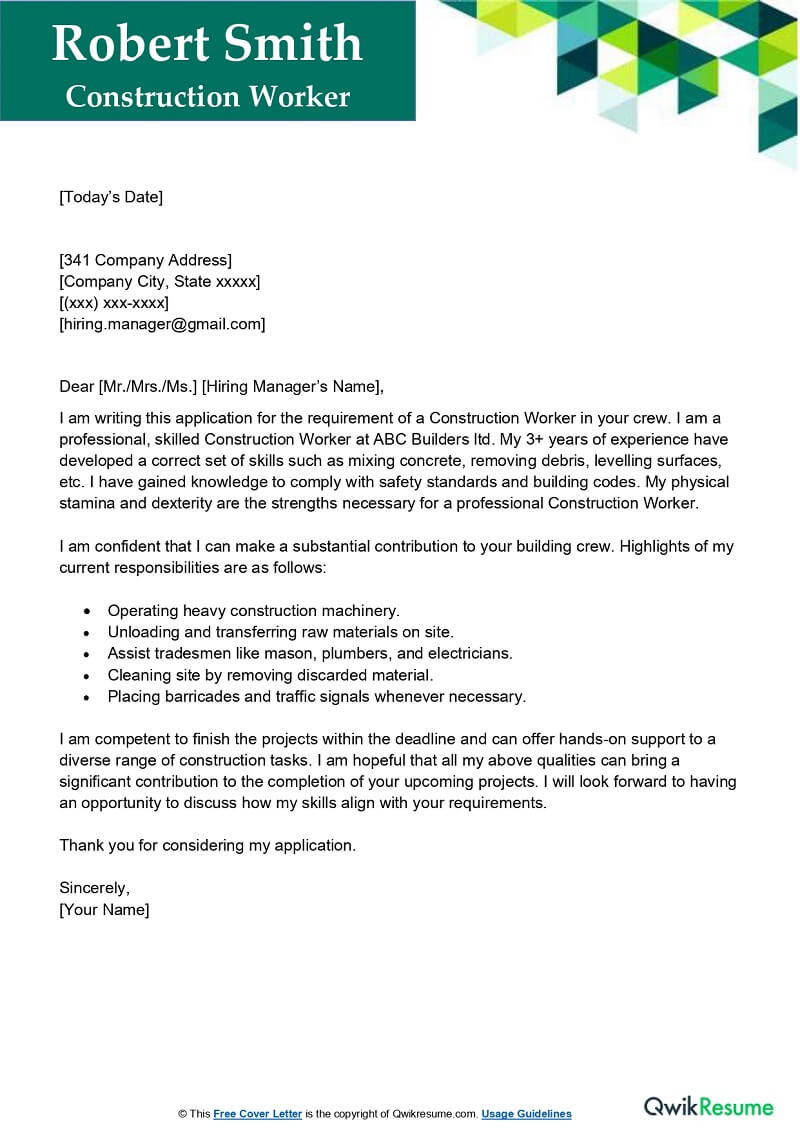 Construction Cover Letter - Infoupdate.org