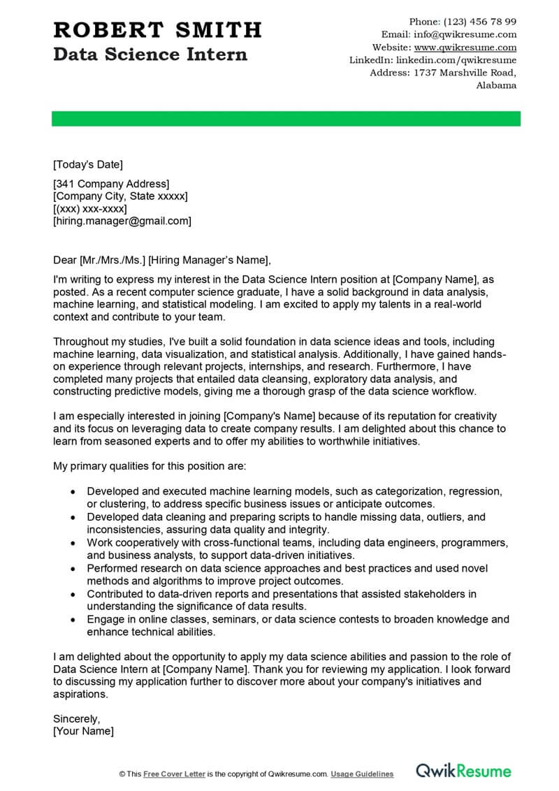 Data Science Intern Cover Letter Examples - QwikResume