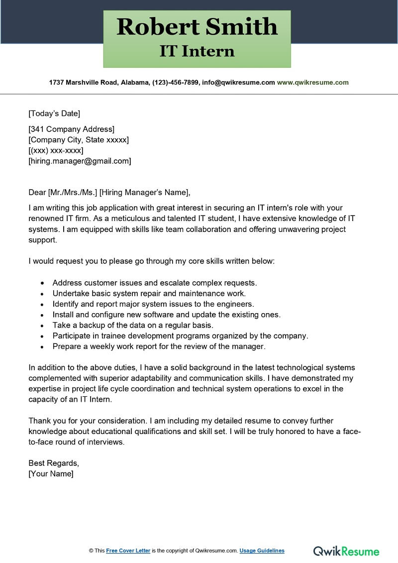 sample cover letter format for internship Professional internship cover ...