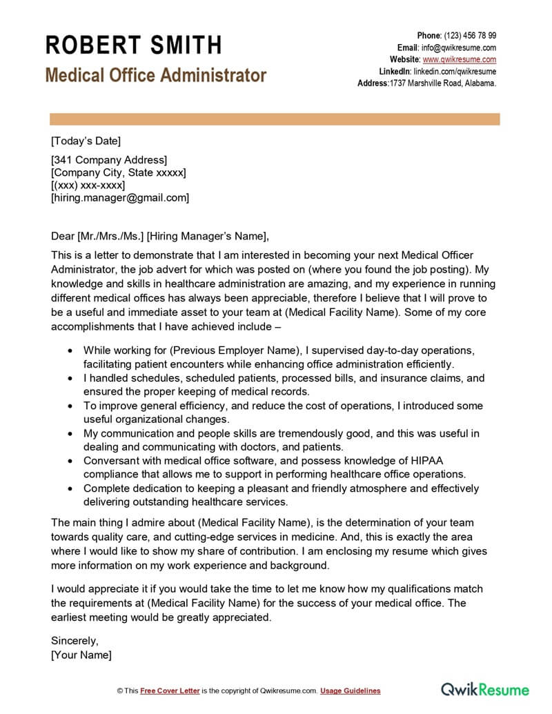 Medical Office Administrator Cover Letter Examples - QwikResume