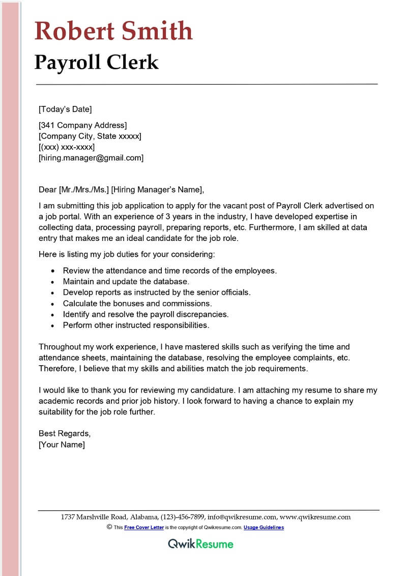 Payroll Clerk Cover Letter example