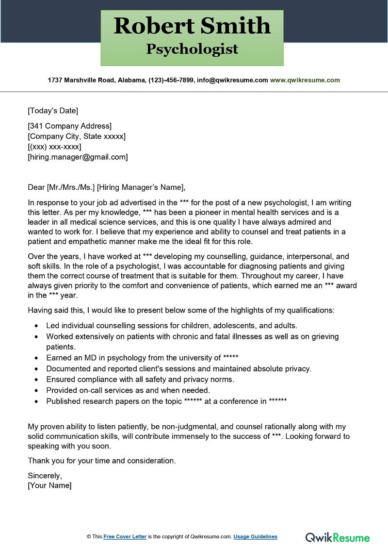 Psychologist Cover Letter Examples - QwikResume