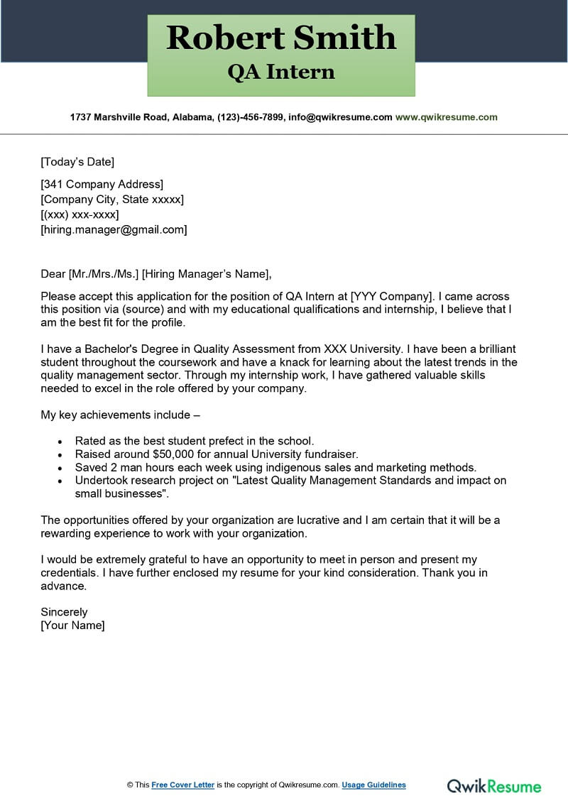 Cover Letter Sample Internship College