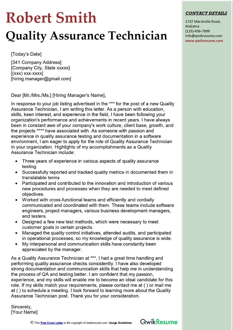 Cover Letter Template Quality Assurance Resume Format