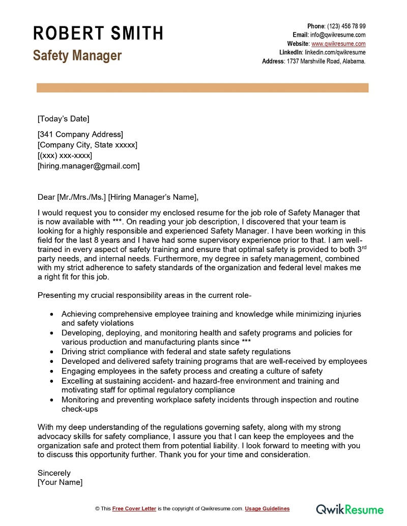 Safety Manager Cover Letter example