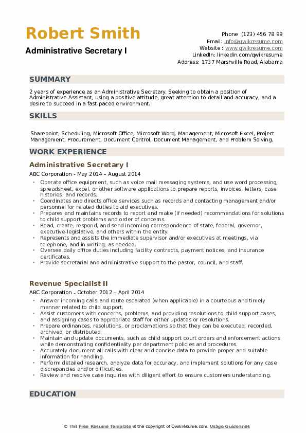 Administrative Secretary Resume example