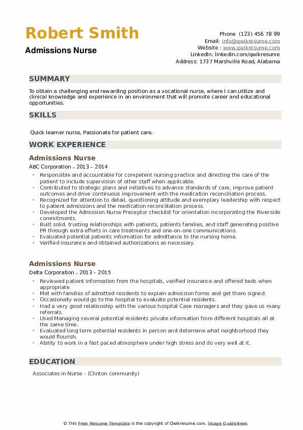 Admissions Nurse Resume example