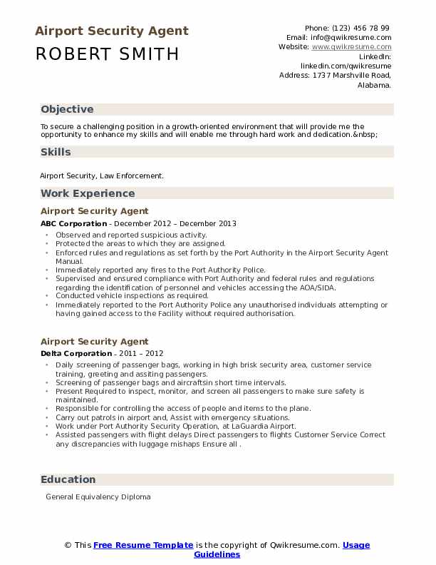 Airport Security Agent Resume Samples | QwikResume