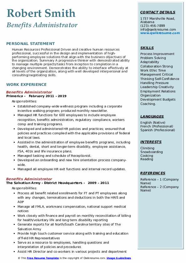 Benefits Administrator Resume example