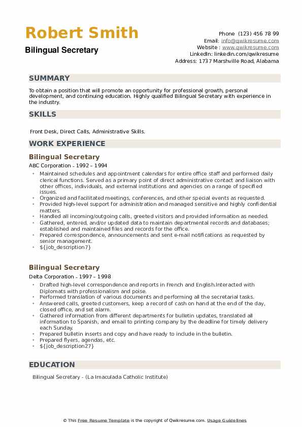 Bilingual Secretary Resume example