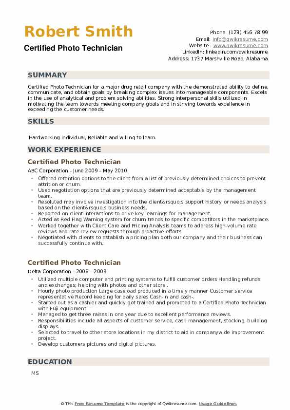 Certified Photo Technician Resume example