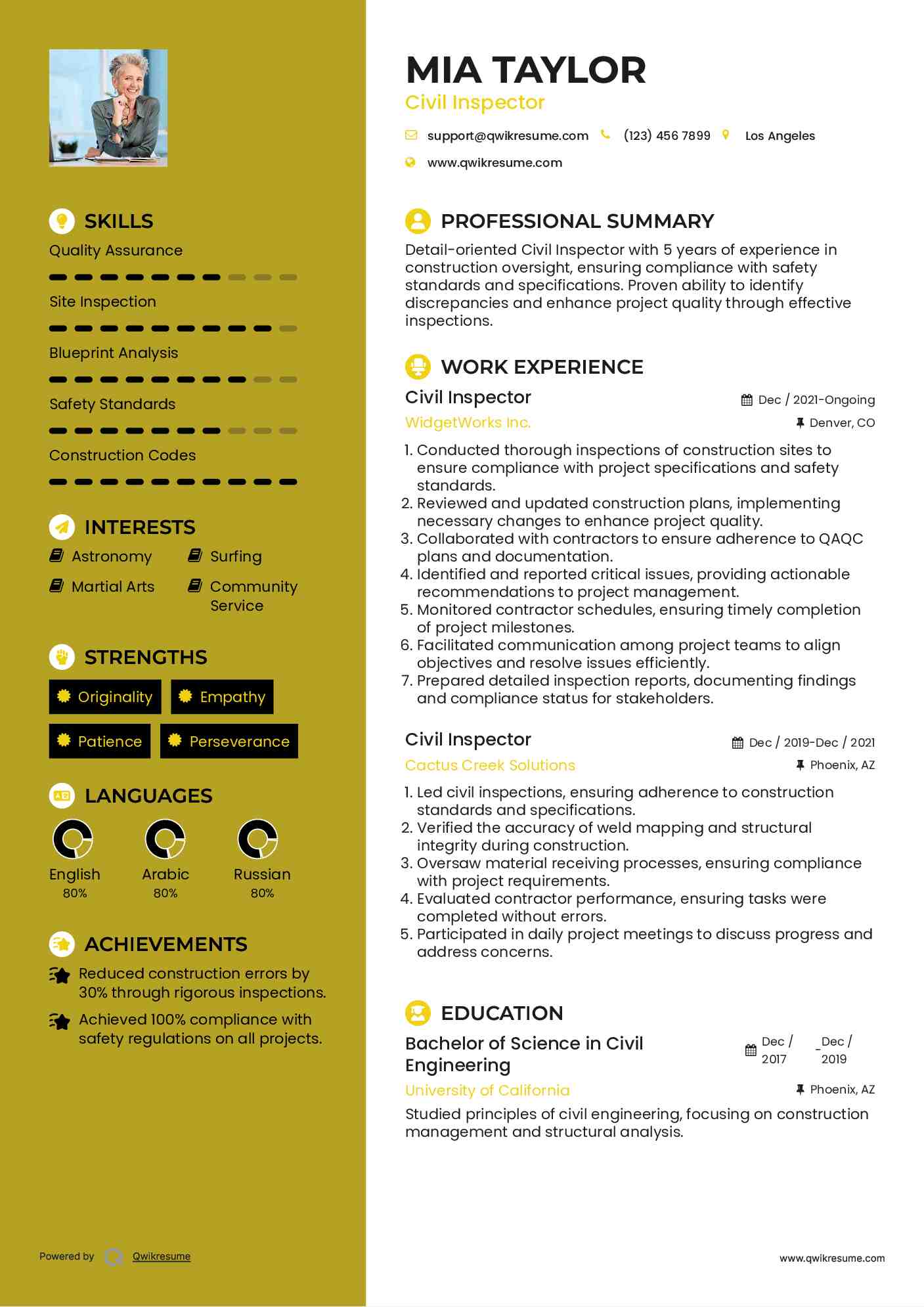 Construction Inspector Resume Sample