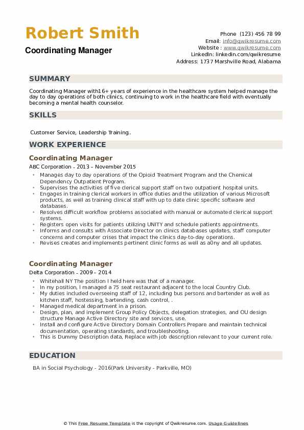 Coordinating Manager Resume example