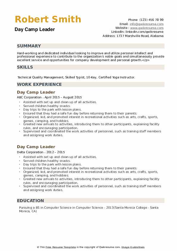 Day Camp Leader Resume example