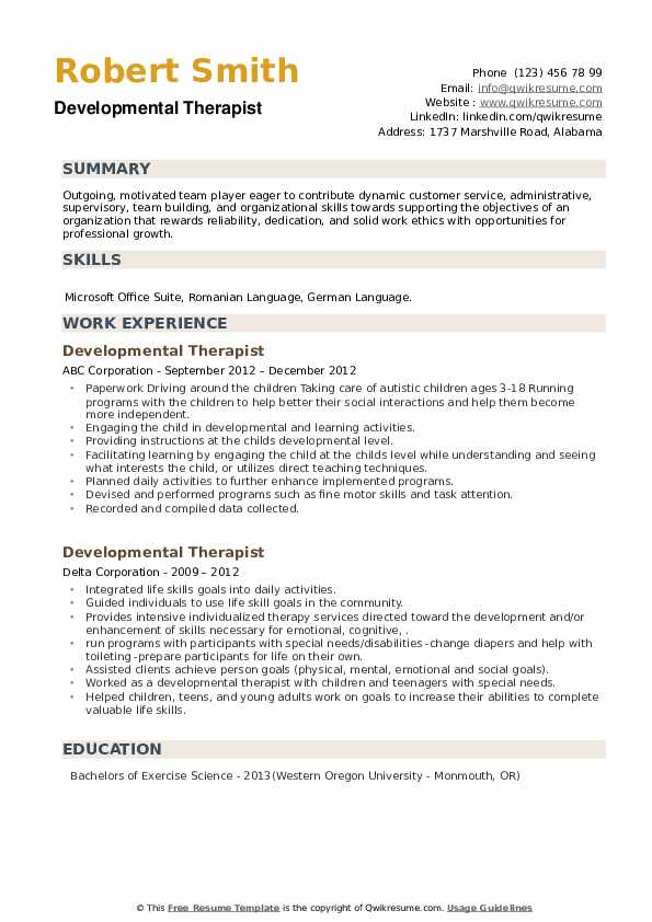 Developmental Therapist Resume example