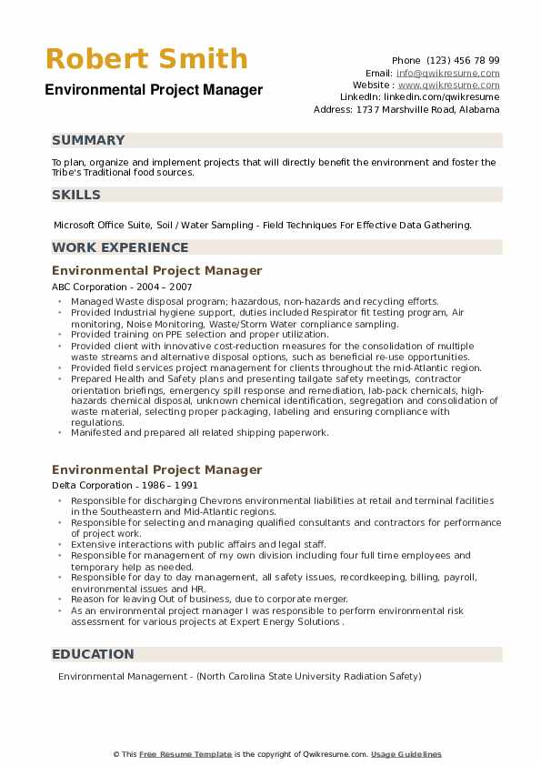 Environmental Project Manager Resume example