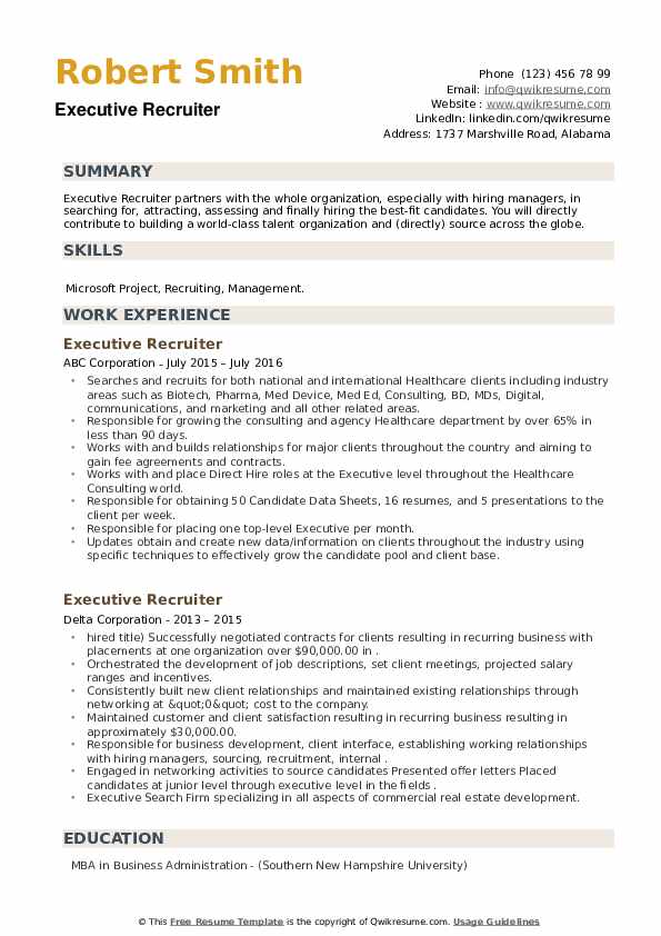 Executive Recruiter Resume example