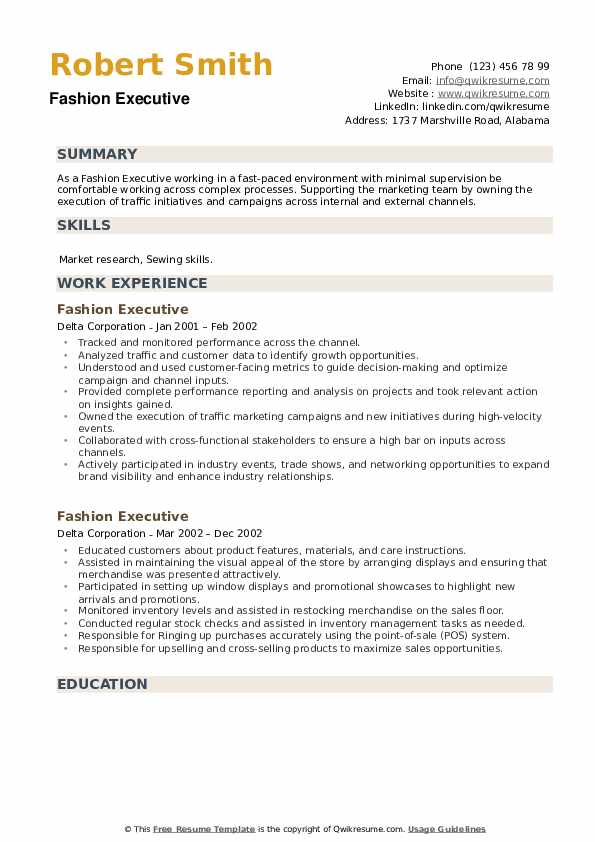 Fashion Executive Resume example