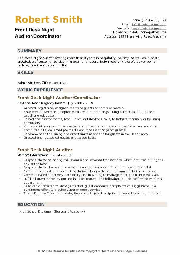 Front Desk Night Auditor Resume example