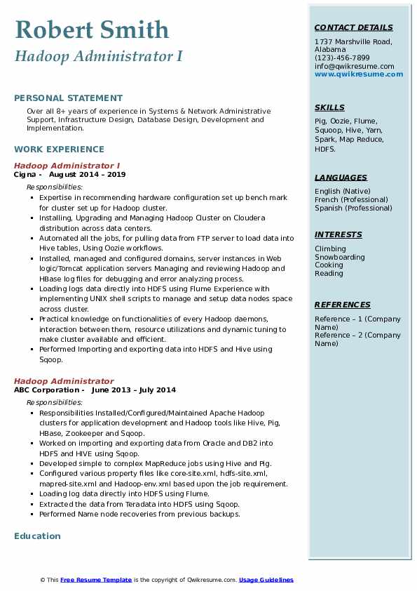 Hadoop Administrator Resume Samples | QwikResume