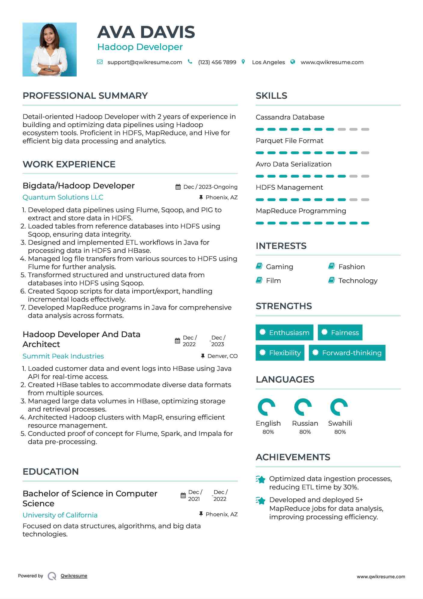 Hadoop Developer Resume Samples | QwikResume