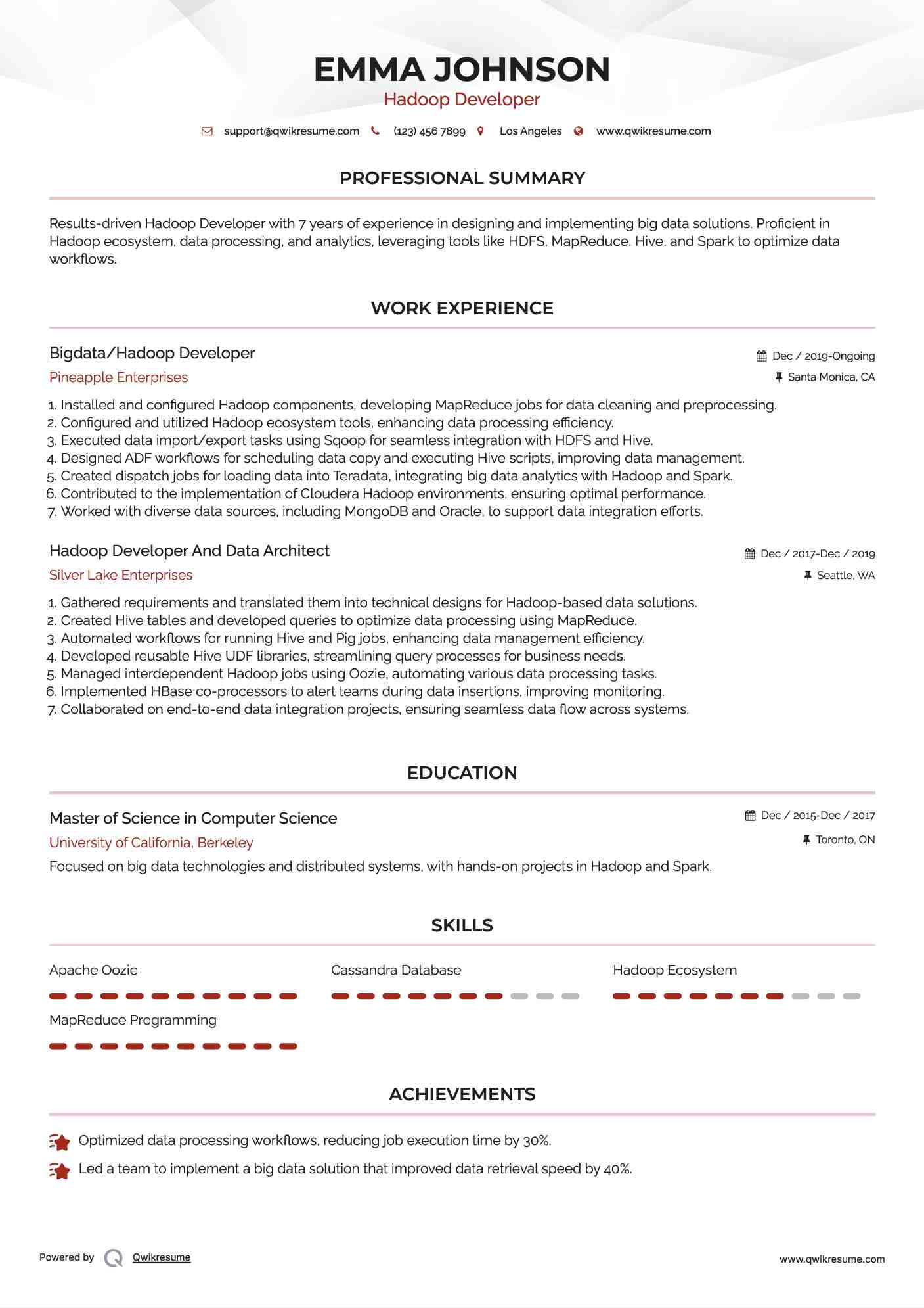 Hadoop Developer Resume Samples | QwikResume