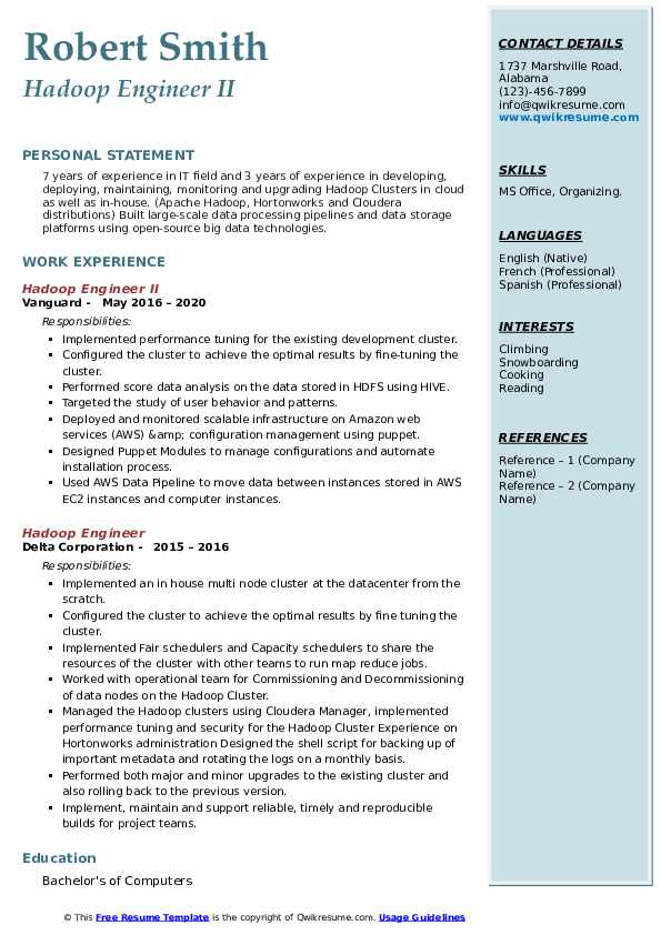 Hadoop Engineer Resume Samples | QwikResume