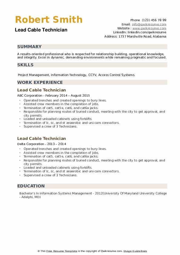 Lead Cable Technician Resume example