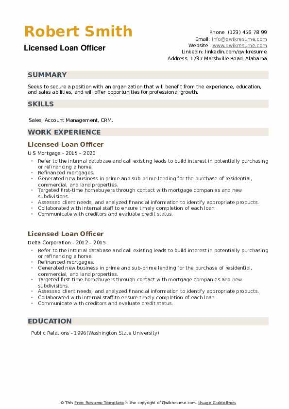 Licensed Loan Officer Resume example