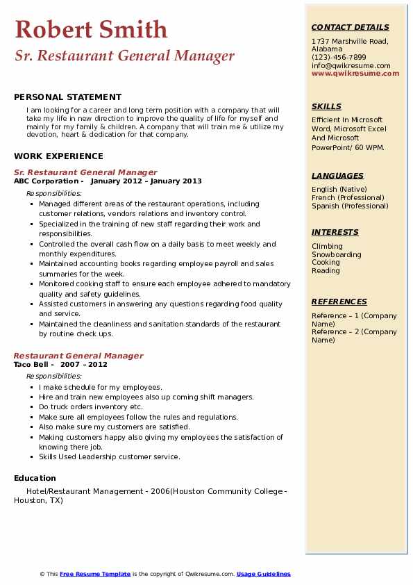 Restaurant General Manager Resume Example