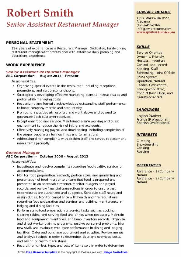 restaurant manager resume template