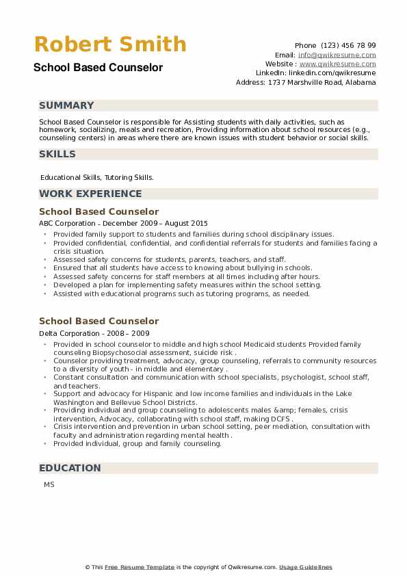 School Based Counselor Resume example