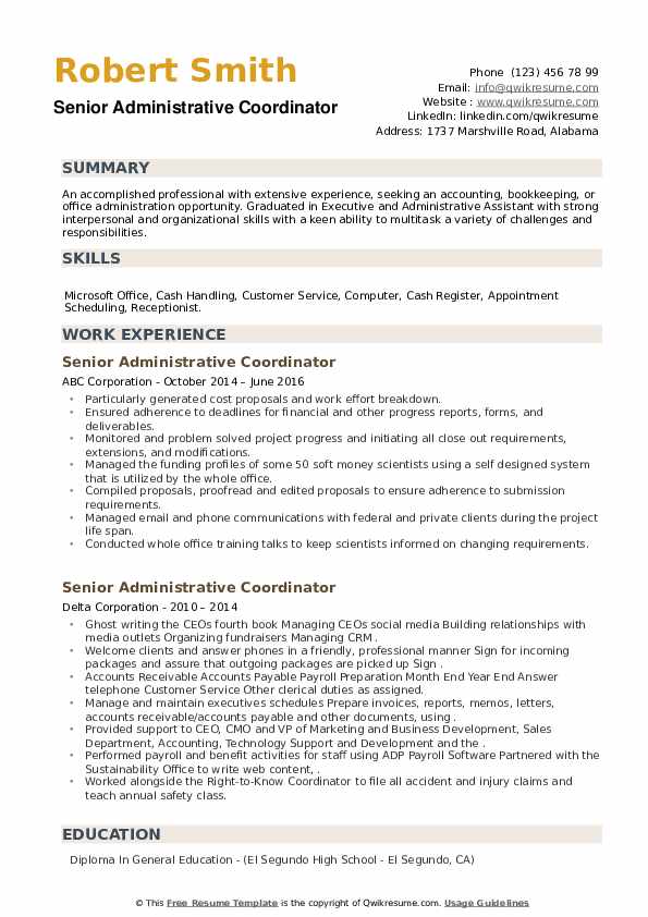 Senior Administrative Coordinator Resume example