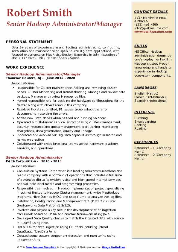 Senior Hadoop Administrator Resume Samples | QwikResume