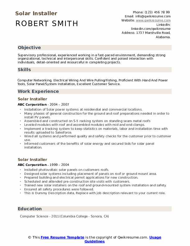 Solar Installer Resume example