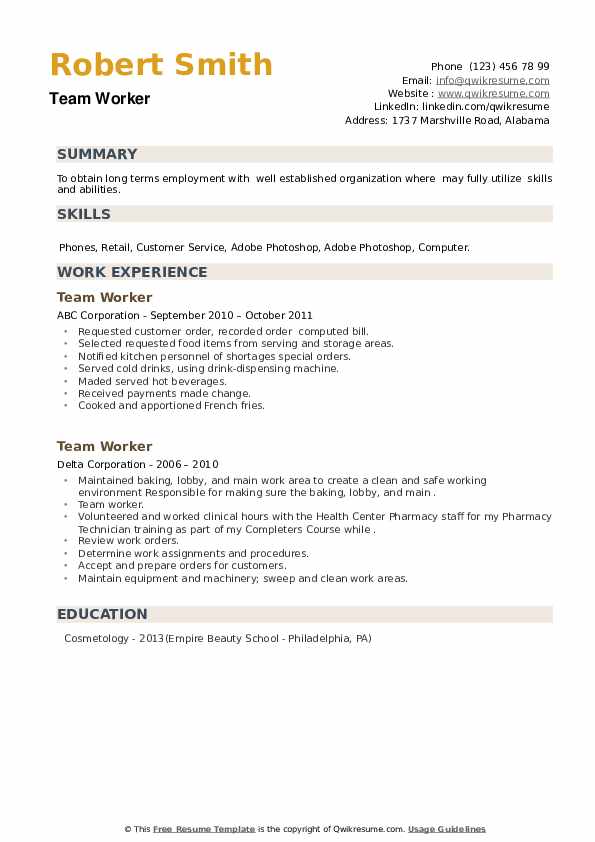 Team Worker Resume example