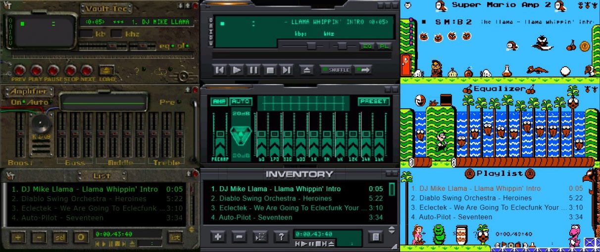 Winamp skins inspired by Fallout, System Shock 2, and Mario.