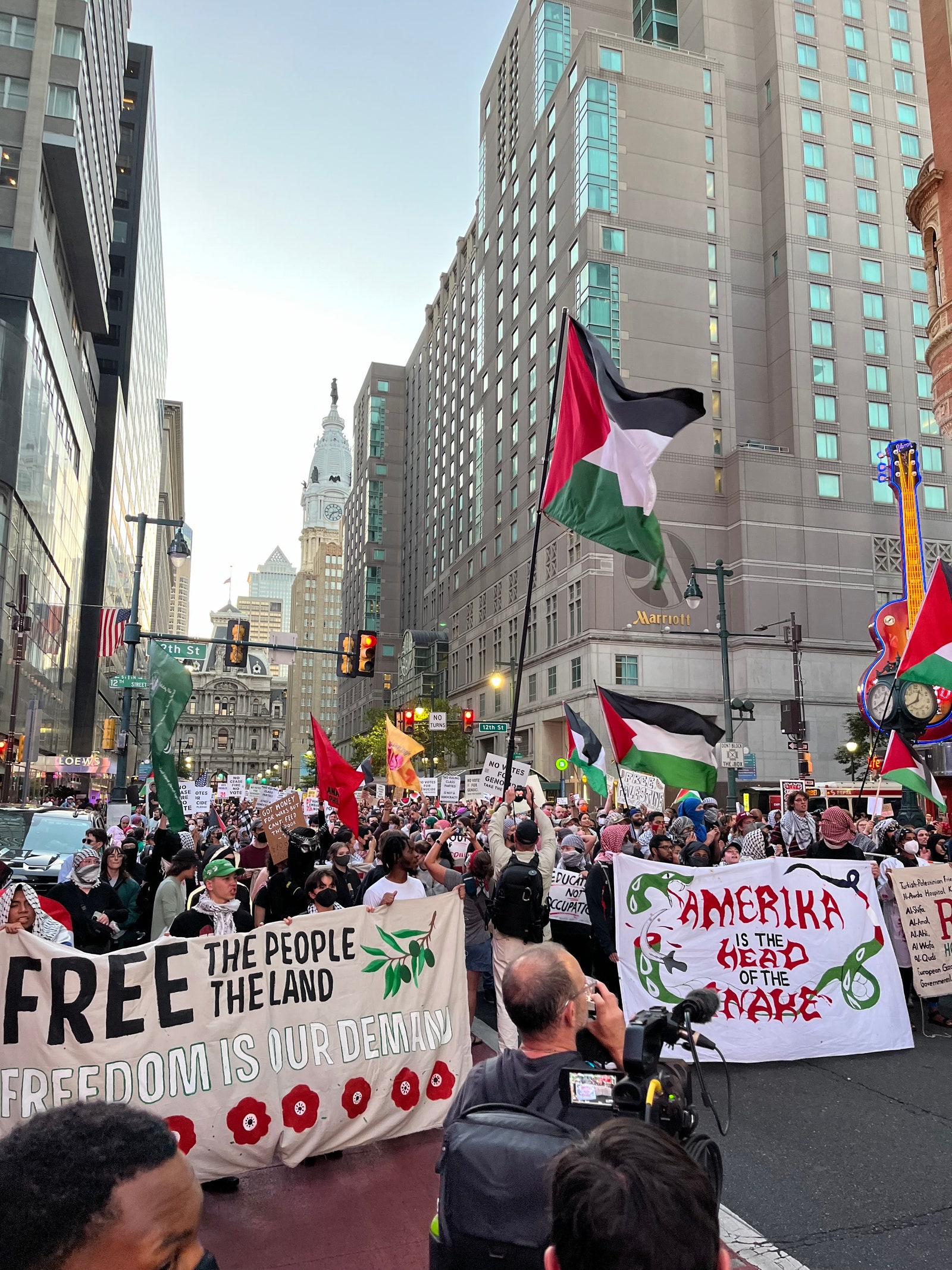 ProPalestine protest moving down Philadelphia's Market Street towards the location of the 2024 presidential debate.